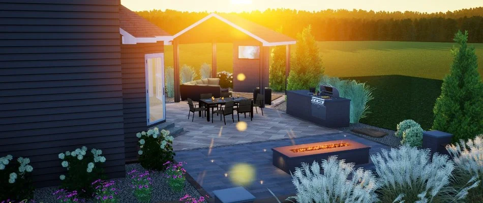 3D design rendering of a backyard with a fire pit, patio, and landscaping in Ankeny, IA.