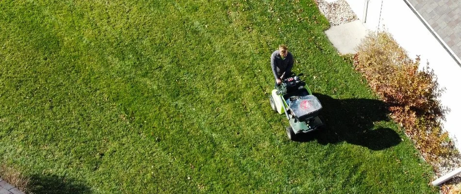 Professional applying granular fertilizer on grass in Ankeny, IA.