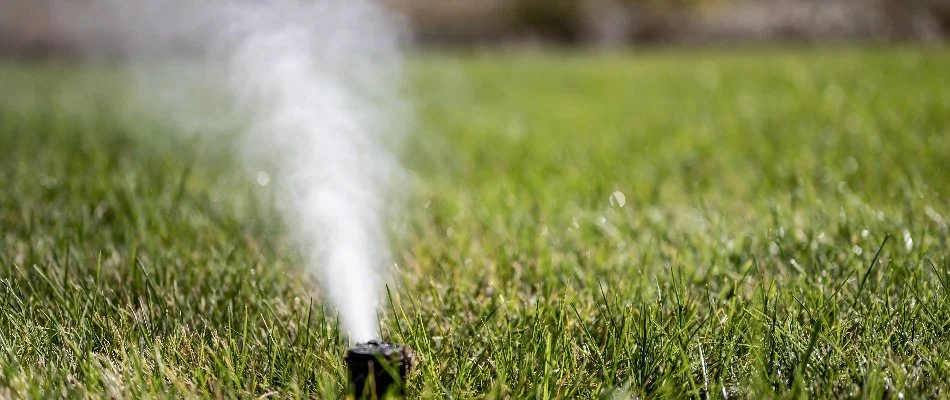 Sprinkler head in Ankeny, IA, blowing out air from winterization.