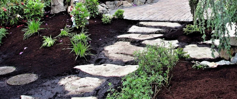 Walkway along a mulched landscape in Ankeny, IA, with shrubs.