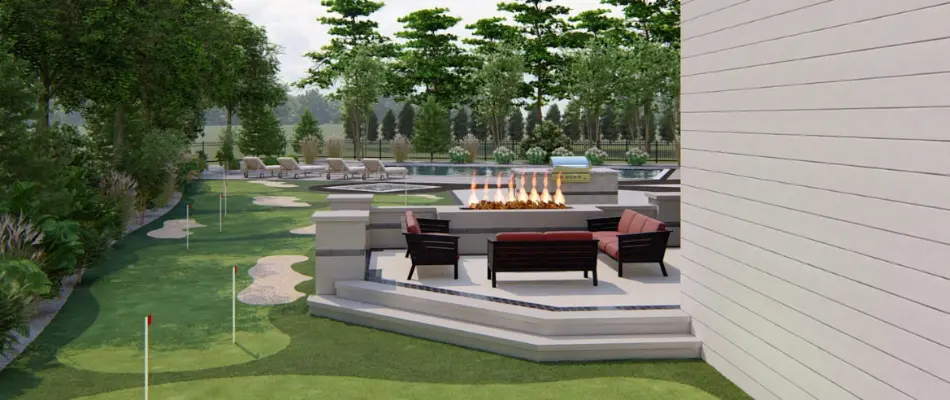 3D design rendering of a fire pit and putting greens on a property in Ankeny, IA.