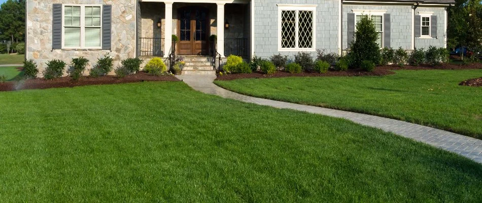 Dark, green lawn with a walkway in front of a home in Marion, IA.