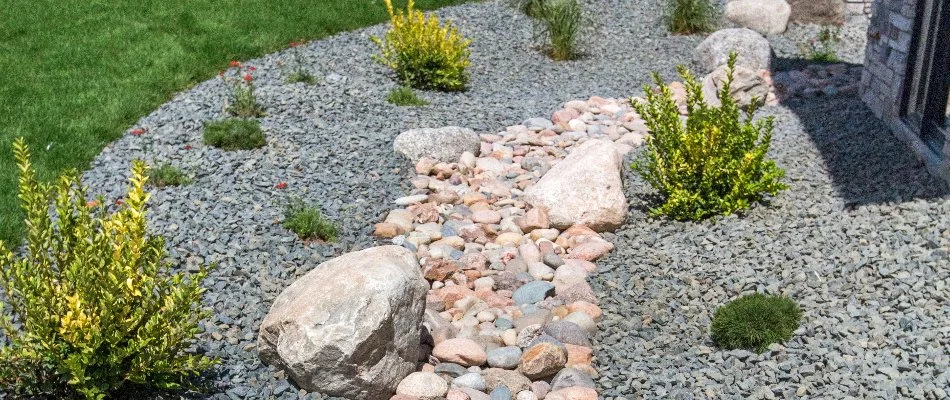 French drain with rocks, stones, and plants in Ankeny, IA.