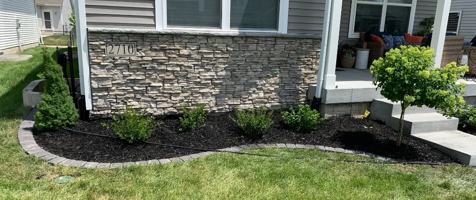 Landscape bed with mulch and plants in front of home in Waukee, IA.