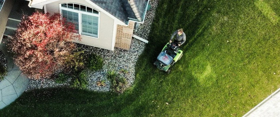 Lawn in Cedar Rapids, IA, receving a fertilizer treatment from a professional.