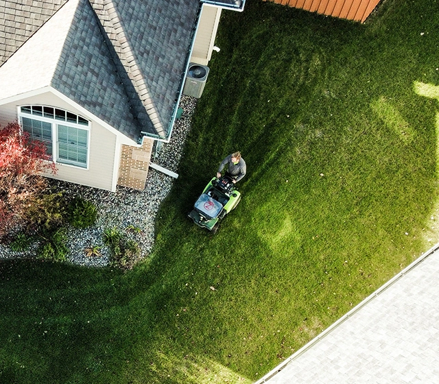 Aerial view of an overseeding service being done in Ankeny, IA.