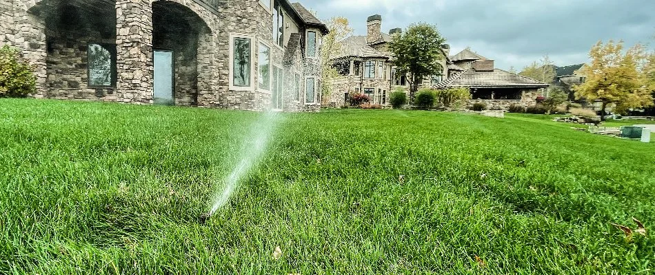 Sprinkler head on a green lawn in Ames, IA, spraying water.